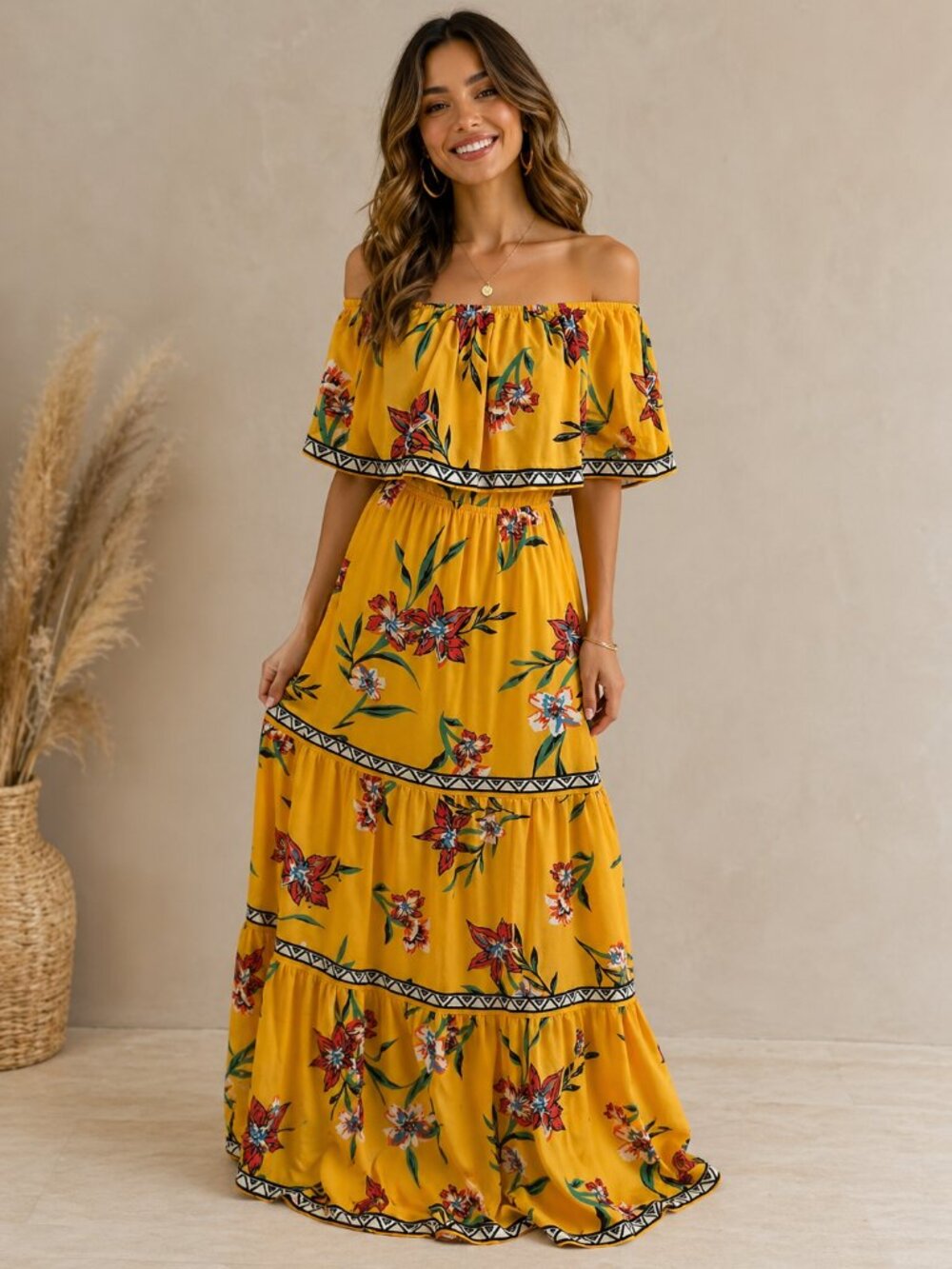 Lulus Size M Medium Cancun Cutie Yellow Floral Off-the-Shoulder Maxi Dress NWT